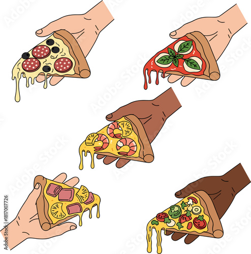 Cartoon set of hands holding diverse pizza slices with melting cheese. Pepperoni, Hawaiian, Margherita, and vegetable toppings.