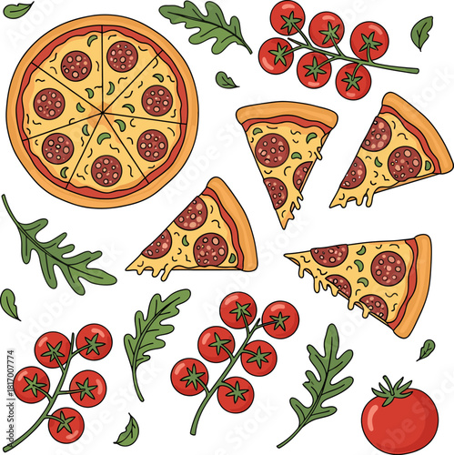 Pepperoni Pizza, Slices, Tomatoes, and Arugula Hand Drawn Vector Set