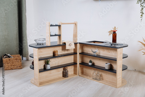 Wooden modular toy kitchen set with shelves, minimal kids furniture for pretend play