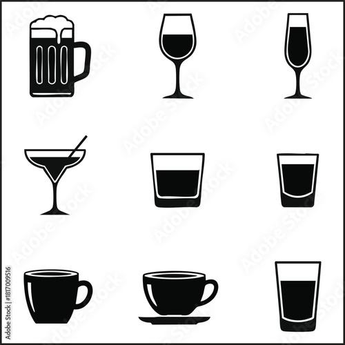 Barware and Drinking Glass Silhouette Icon Set