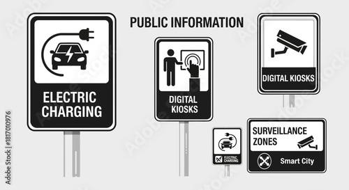 Illustration of public information signs including electric charging, digital kiosks, and surveillance zones.