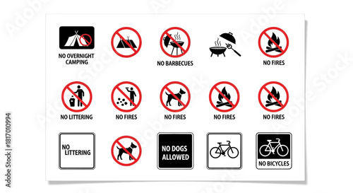 Collection of prohibition signs, including no camping, no barbecues, no fires, no littering, no dogs, and no bicycles, displayed on a white background.