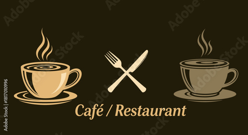 A cafe/restaurant graphic featuring two steaming cups of coffee flanking a crossed fork and knife.