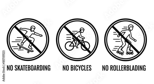 Three prohibition signs depicting skateboarding, bicycles, and rollerblading, each crossed out with a diagonal line.