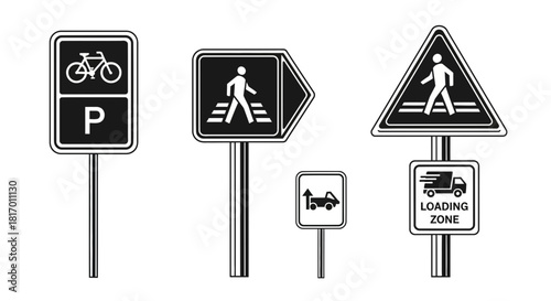 A collection of various black and white road signs depicting pedestrian crossings, bicycle parking, loading zone, and a vehicle towing.