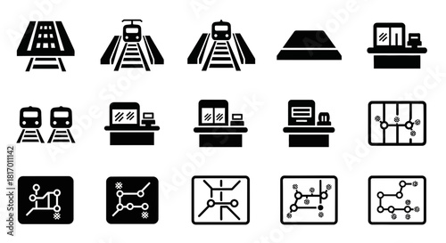 Collection of black and white icons depicting various train station elements.