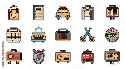 A collection of colorful, stylized icons depicting various objects and concepts.