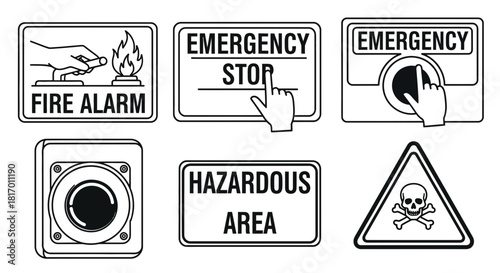 Collection of safety signs and symbols including fire alarm, emergency stop, hazardous area, and skull warning.