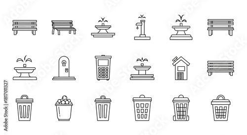 A collection of various park and public space related vector icons.