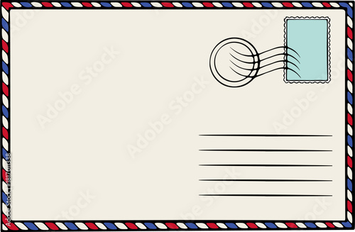 Postal envelope front side. Suitable for mail, communication, stationery, office design. Paper letter. Simple vector color illustration with outline in hand drawn style isolated on white