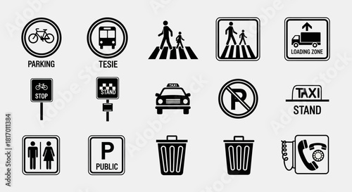 Collection of black and white road signs and public service icons.