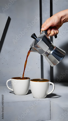Minimalist coffee scene with moka pot and concrete aesthetic