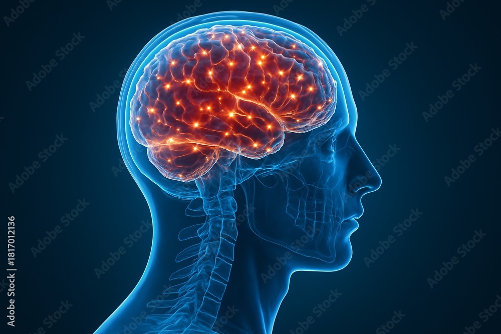 Obraz premium Illuminated human brain showing neural activity