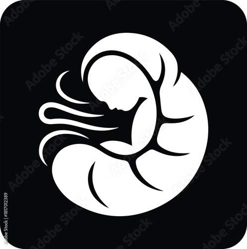 Stylized white icon of a curled up fetus or embryo shape inside a black rounded square