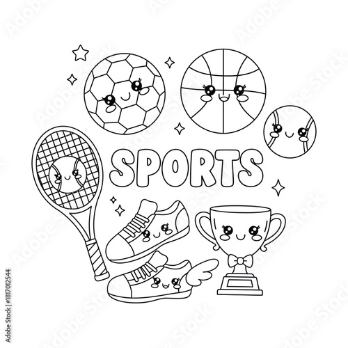 Kawaii sports equipment collection with balls shoes and trophy for coloring book