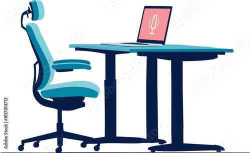 A clean, modern office setup featuring an ergonomic desk chair beside a spacious table holding an open laptop with a pink microphone icon on the screen.