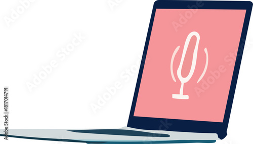 A close-up flat illustration of an open laptop displaying a microphone icon on a pink screen, representing digital communication, podcasting, or online meetings.