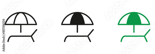 Relaxing summer beach chair under umbrella icon set, envisioning tranquil vacations and sunny days on the coast, perfect for travel and leisure designs