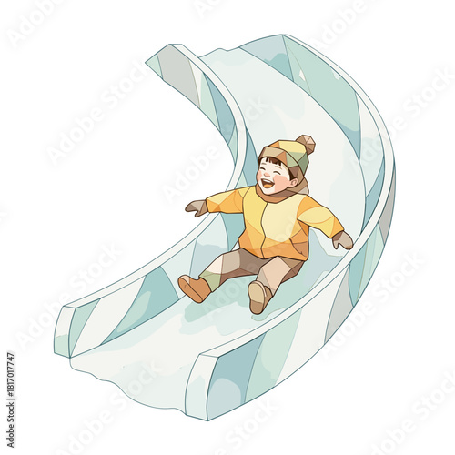 Happy child sliding down ice slide at Harbin Ice Festival  