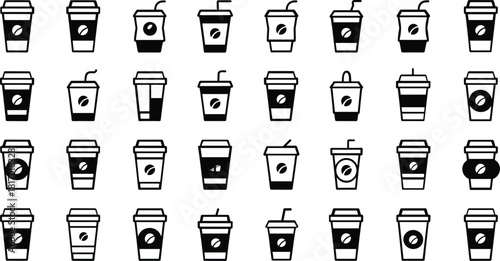 Large Vector Set of Disposable Takeaway Coffee Cup Icons in Solid and Outline Styles, Featuring Various Designs for Cafe, Beverage, and Fast Food Apps.