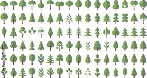Massive Vector Collection of Flat Design Trees, Featuring Diverse Deciduous and Evergreen Shapes for Landscape Architecture, Map Making, and Nature Graphics.