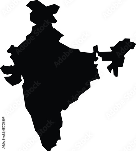 Solid Black Vector Silhouette Map of India, Showing Precise Geographical Borders and Shape for Education, Travel, and National Graphic Designs.