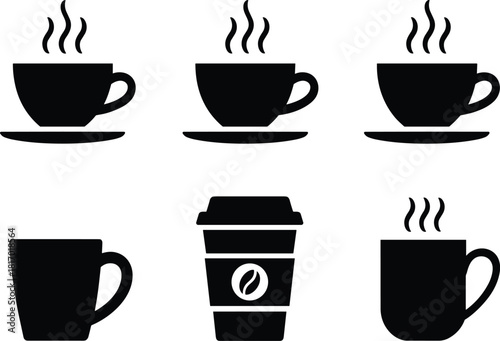 Vector Set of Hot Coffee Cup and Mug Icons in Solid Black Silhouette, Featuring Steaming Mugs and Takeaway Disposable Cups for Cafe and Restaurant Design.