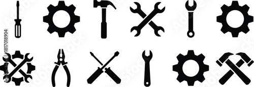 Vector Set of Solid Black Maintenance Tool Icons, Including Screwdriver, Hammer, Wrench, Pliers, and Gear Symbols for Repair, Service, and Settings Graphics.