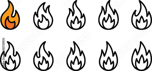 Vector Set of Ten Fire and Flame Icons in Outline and Flat Color Styles, Representing Energy, Heat, Hotness, Campfire, and Danger Warning Symbols.