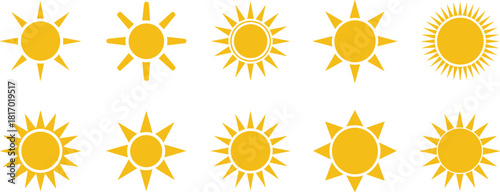 Vector Set of Yellow Sun Icons in Various Styles, Symbolizing Summer, Hot Weather, Sunny Days, Daylight, Heat, and Simple Weather Forecast Graphics.