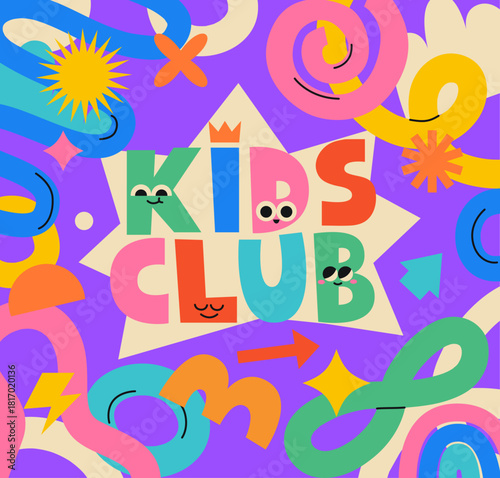 Banner for kids club, place for children events.Fun colorful childish design. Hand drawn doodle. Kids zone for entertainment. Birthday party place. Children event celebration zone.Vector