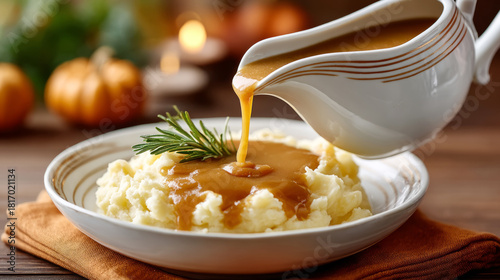 Thanksgiving feast gravy boat and mashed potatoes with rosemary