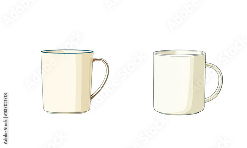 Two illustrated ceramic mugs with handle on white background or transparent png
