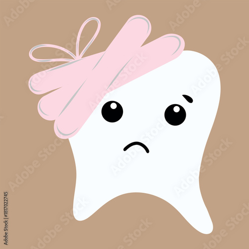 Injured tooth illustration, sad tooth with bandage. Toothache tooth vector, dental pain character. Hand-drawn hurt tooth, dental care concept