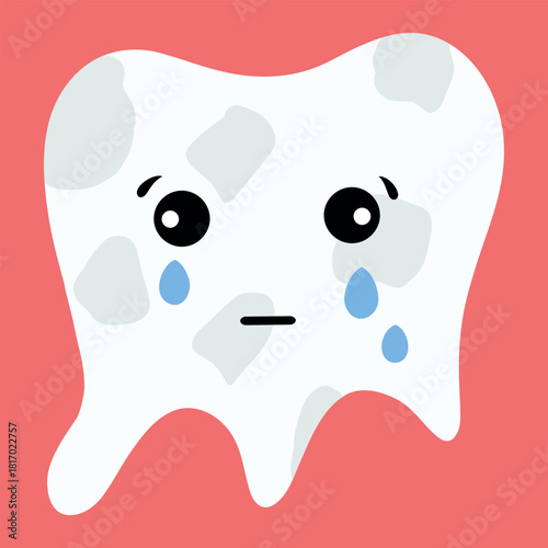 Decayed tooth illustration, sad cavity character. Tooth with plaque vector, dental decay icon. Crying tooth cartoon, cavity and tartar drawing
