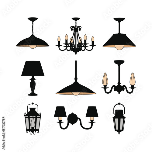 A collection of black and white decorative lighting fixtures in various styles