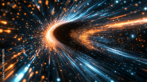 Hyperspace jump through a luminous tunnel, flying past stars at lightspeed with streaking motion, evoking abstract spaceship travel and sci-fi light-speed acceleration.