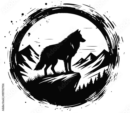  A bold black wolf silhouette stands on a rocky ledge within a rough circular brush stroke, set against jagged mountains. Evokes wilderness, strength, mystery, and outdoor branding potential.