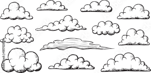 Hand drawn clouds sketch illustration set on white