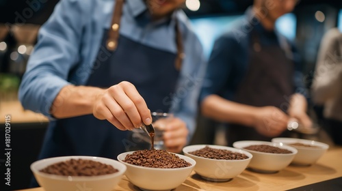 A barista hosting a coffee cupping session, spreading freshly ground beans on a table and guiding guests through fragrance, acidity, and mouthfeel evaluations — specialty coffee tasting, artisanal