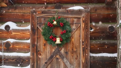 Christmas wreath with bells hanging on wooden door covered in snow  