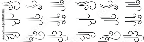 Black Wind Breeze Swirl Icon Set Collection Group in Flat Line Style, Air Flow Symbol Pack with Abstract Curved Gust Shapes, Minimal Outline Weather Elements and Motion Lines Vector Illustration