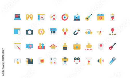 Digital media content creation, video and audio blog publication, movie and music, podcast color icon set. Authors creative idea, filter and magnet for likes, vlog audience flat vector illustration