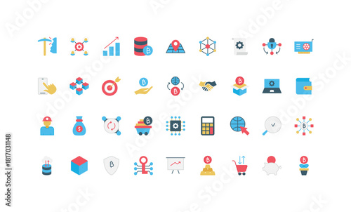 Blockchain, bitcoin and data mining, fintech security, crypto coins in electronic wallet color icon set. Cube of digital block and information, cryptocurrency startup flat vector illustration