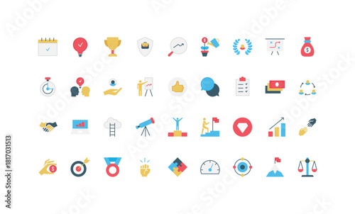Business motivation, challenge of talent expert, professional ability, opportunity award of ambitious winner color icon set. Career ladder of leader, success strategic plan flat vector illustration