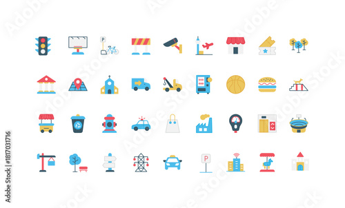 A diverse set of simple flat icons representing various city elements like transportation, buildings, and public services. Ideal for urban-themed projects and designs. Vector illustration