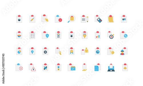 A diverse set of colorful clipboard icons featuring various symbols like checkmarks, graphs, and tools, representing different tasks and concepts in a simple style vector illustration