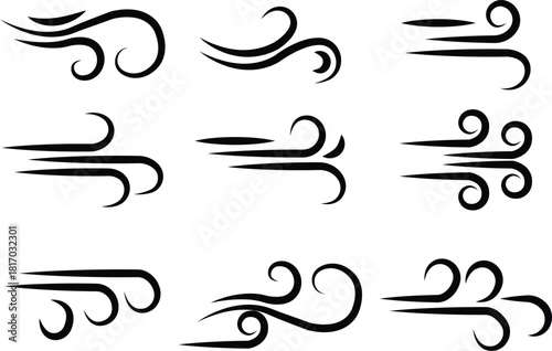 Black Wind Breeze Swirl Icon Set Collection Group in Flat Line Style, Air Flow Symbol Pack with Abstract Curved Gust Shapes, Minimal Outline Weather Elements and Motion Lines Vector Illustration