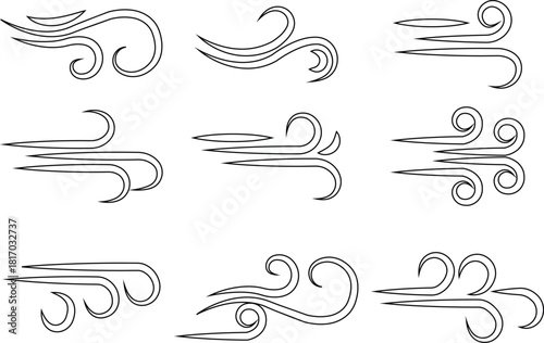 Black Wind Breeze Swirl Icon Set Collection Group in Flat Line Style, Air Flow Symbol Pack with Abstract Curved Gust Shapes, Minimal Outline Weather Elements and Motion Lines Vector Illustration