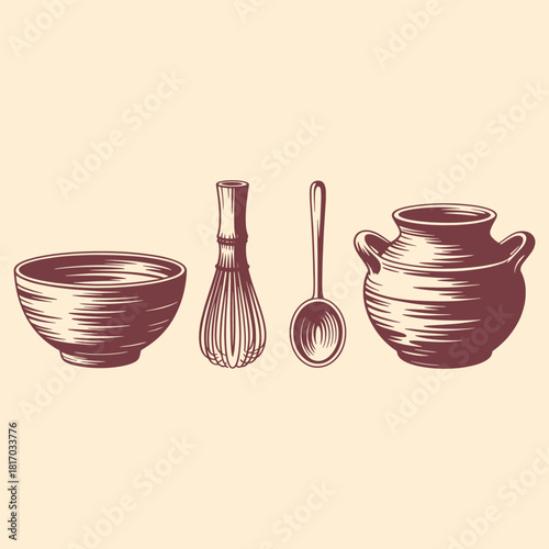 Maroon kitchen utensils including bowl whisk spoon and pot on cream background kitchenware cooking